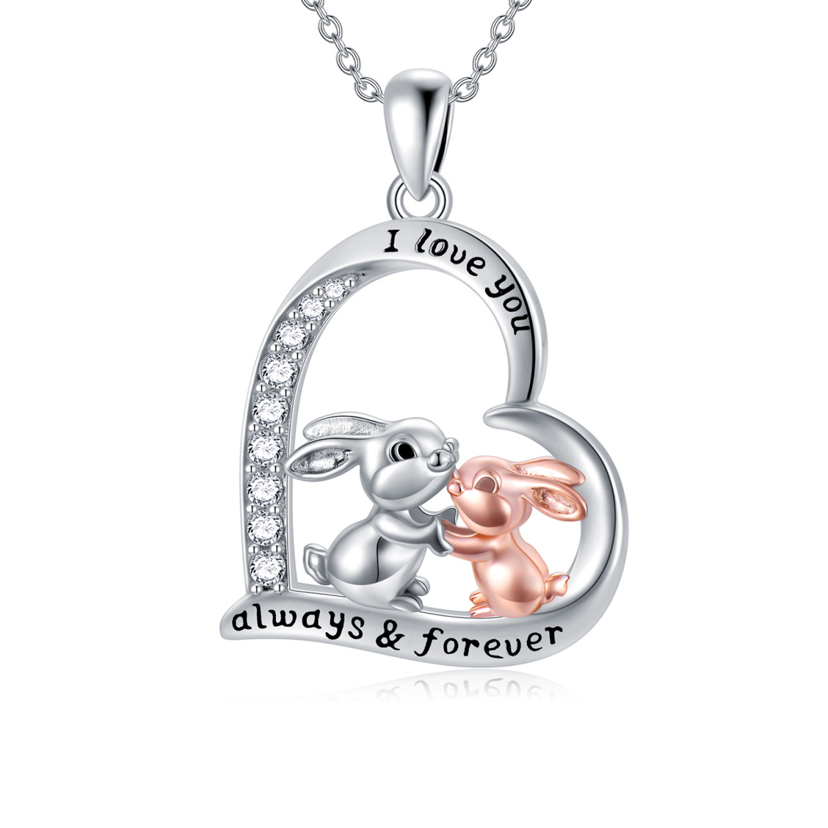 Sterling Silver Two-tone Couple Rabbit Heart Pendant Necklace with Engraved Word-1