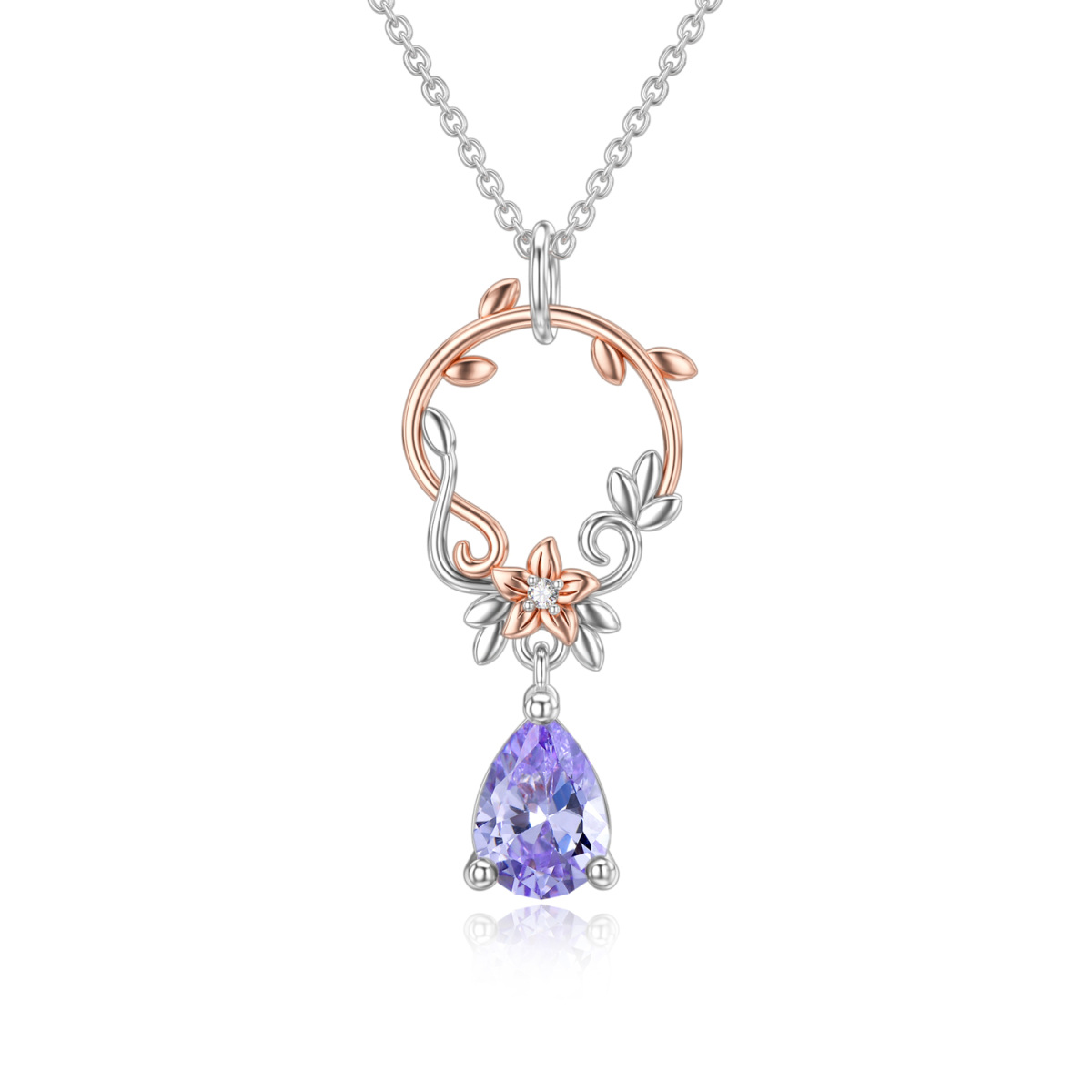 Collier à pendentif circulaire en argent et or rose 14K à zircon cubique-1