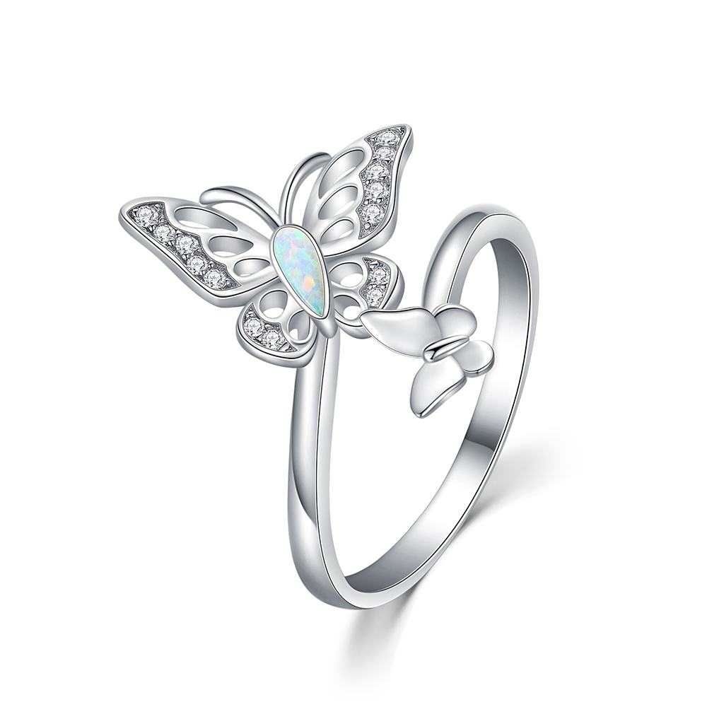 Sterling Silver Opal Butterfly Open Ring-1