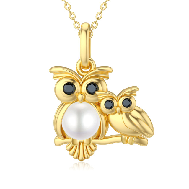 14K Gold Pearl Owl Pendant Necklace-0
