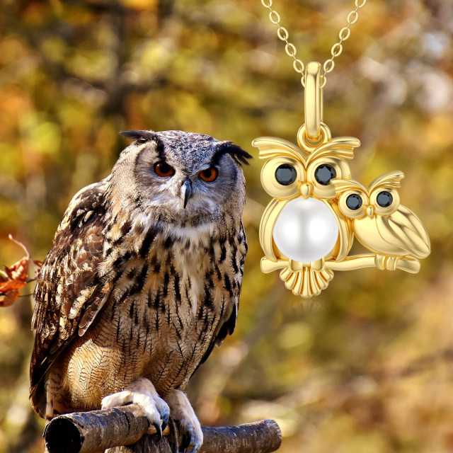 14K Gold Pearl Owl Pendant Necklace-2