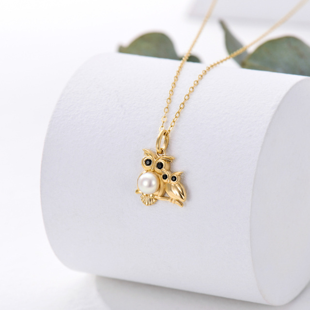 14K Gold Pearl Owl Pendant Necklace-3