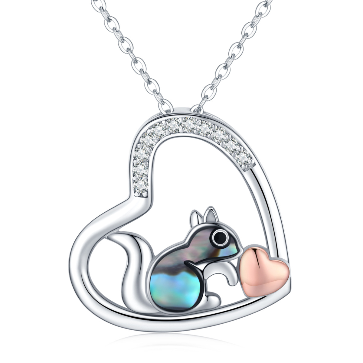 Sterling Silver Two-tone Abalone Shellfish Squirrel & Heart Pendant Necklace-1