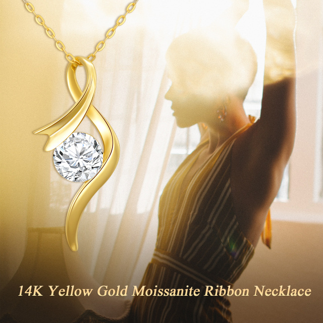 14K Gold Round Moissanite Ribbon Pendant Necklace-3