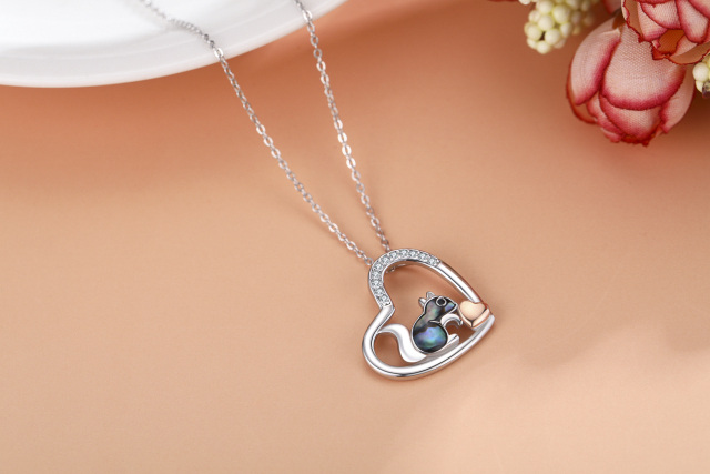 Sterling Silver Two-tone Abalone Shellfish Squirrel & Heart Pendant Necklace-5