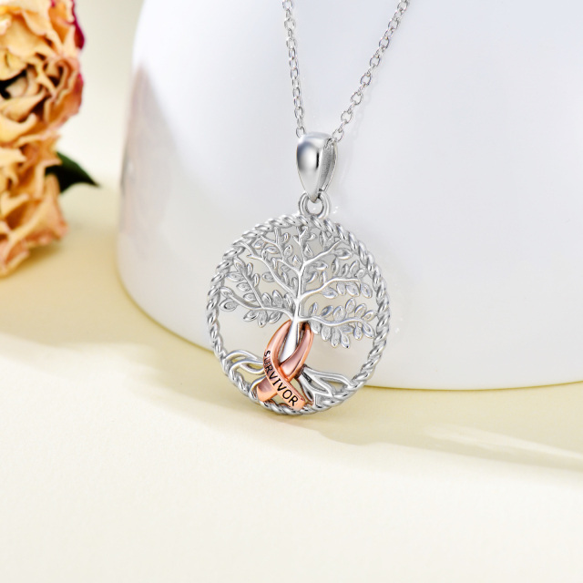 Sterling Silver Tree Of Life Red Ribborn Breast Cancer Pendant Necklace-3