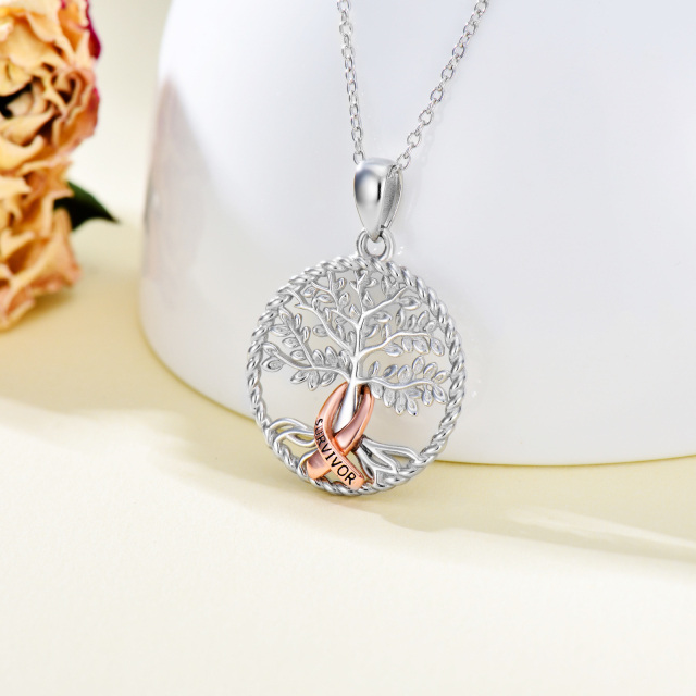 Collar con colgante de plata de ley Tree Of Life Red Ribborn Breast Cancer-3