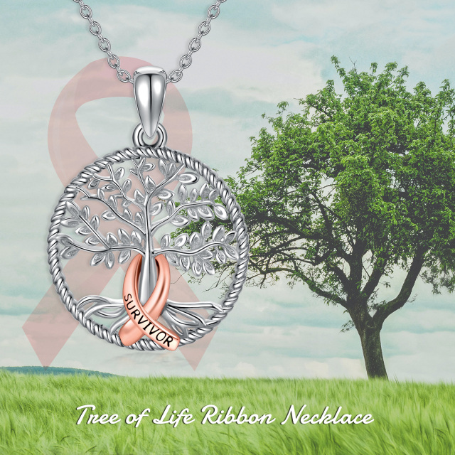 Sterling Silver Tree Of Life Red Ribborn Breast Cancer Pendant Necklace-5