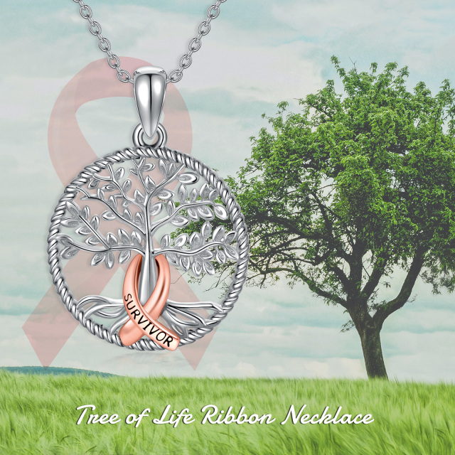 Collana con ciondolo per il cancro al seno in argento sterling con l'Albero della Vita rosso Ribborn-5