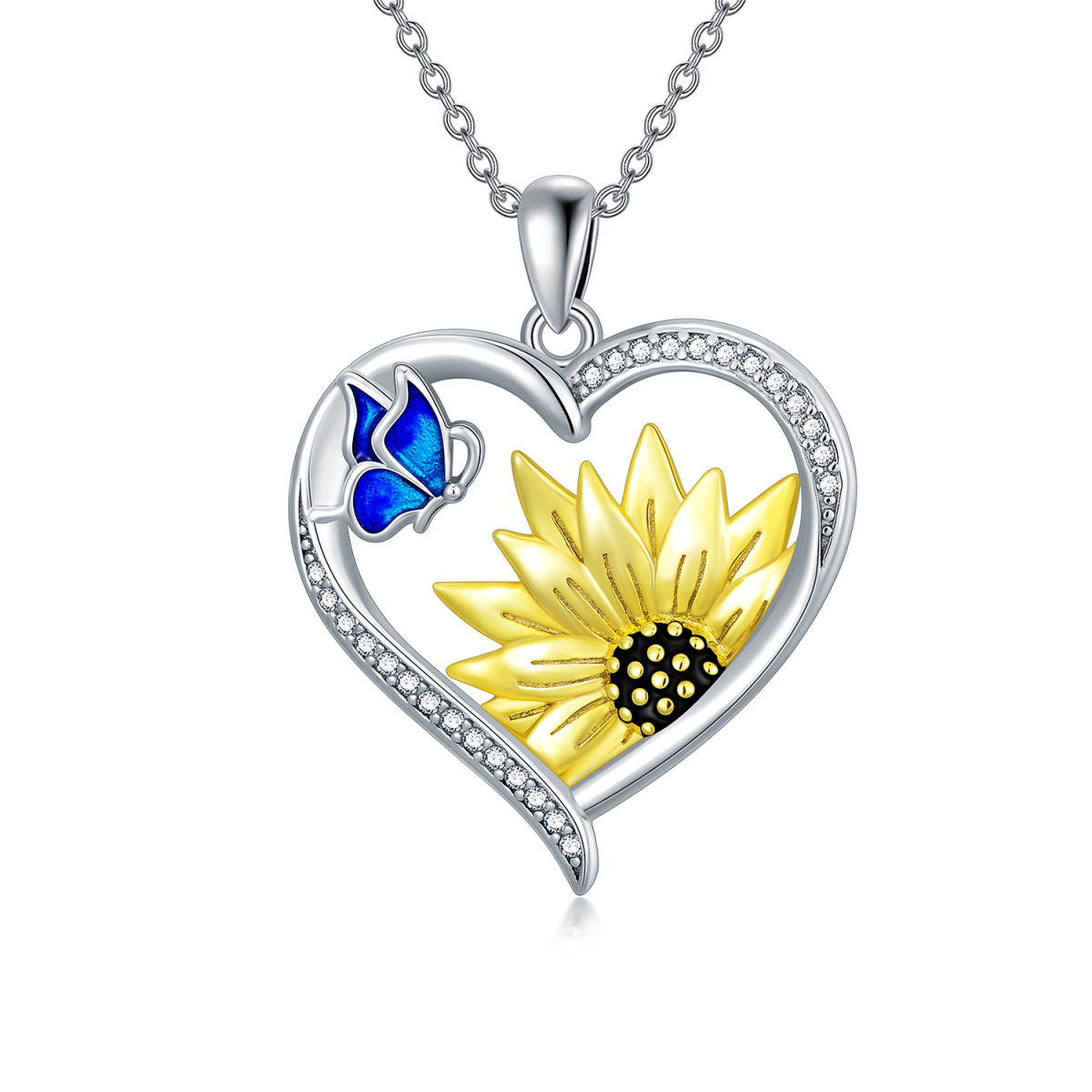 Sterling Silver Cubic Zirconia Butterfly & Sunflower & Heart Pendant Necklace-1