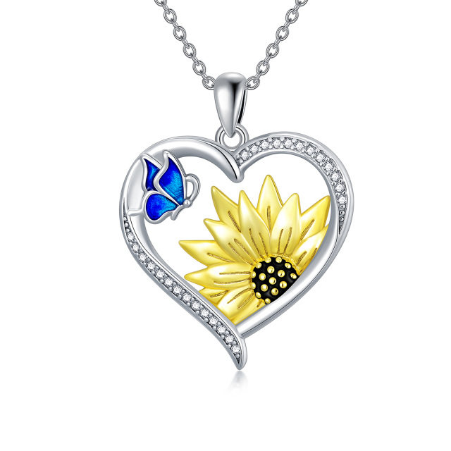 Sterling Silver Two-tone Cubic Zirconia Butterfly & Sunflower & Heart Pendant Necklace-4