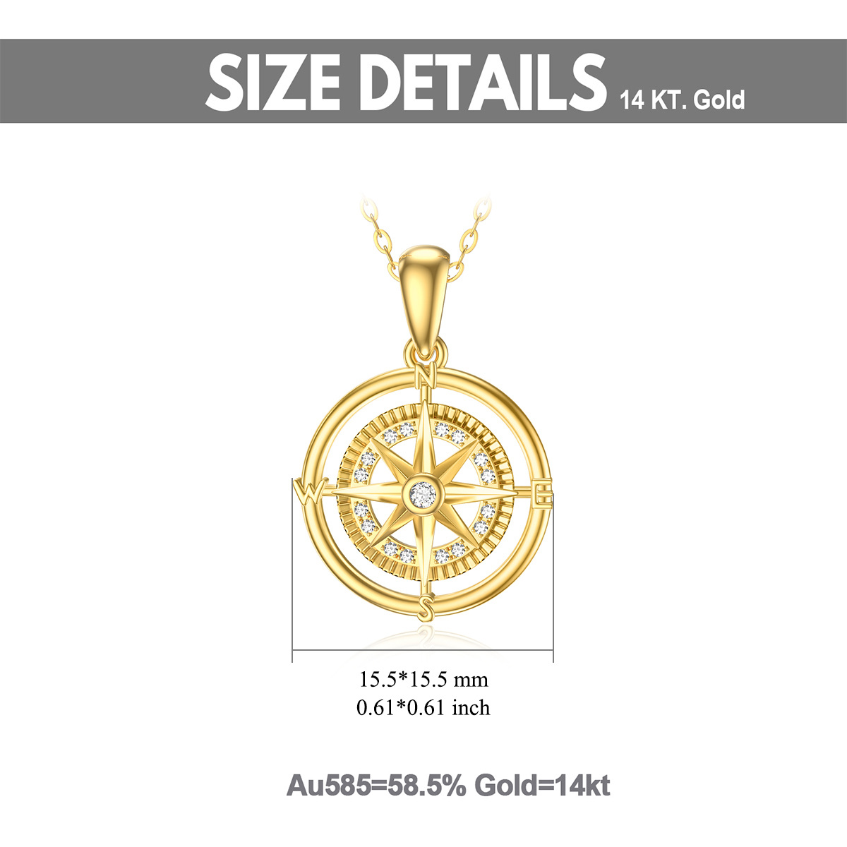 14K Gold Compass Pendant Necklace with 5A Austria Zircon-6