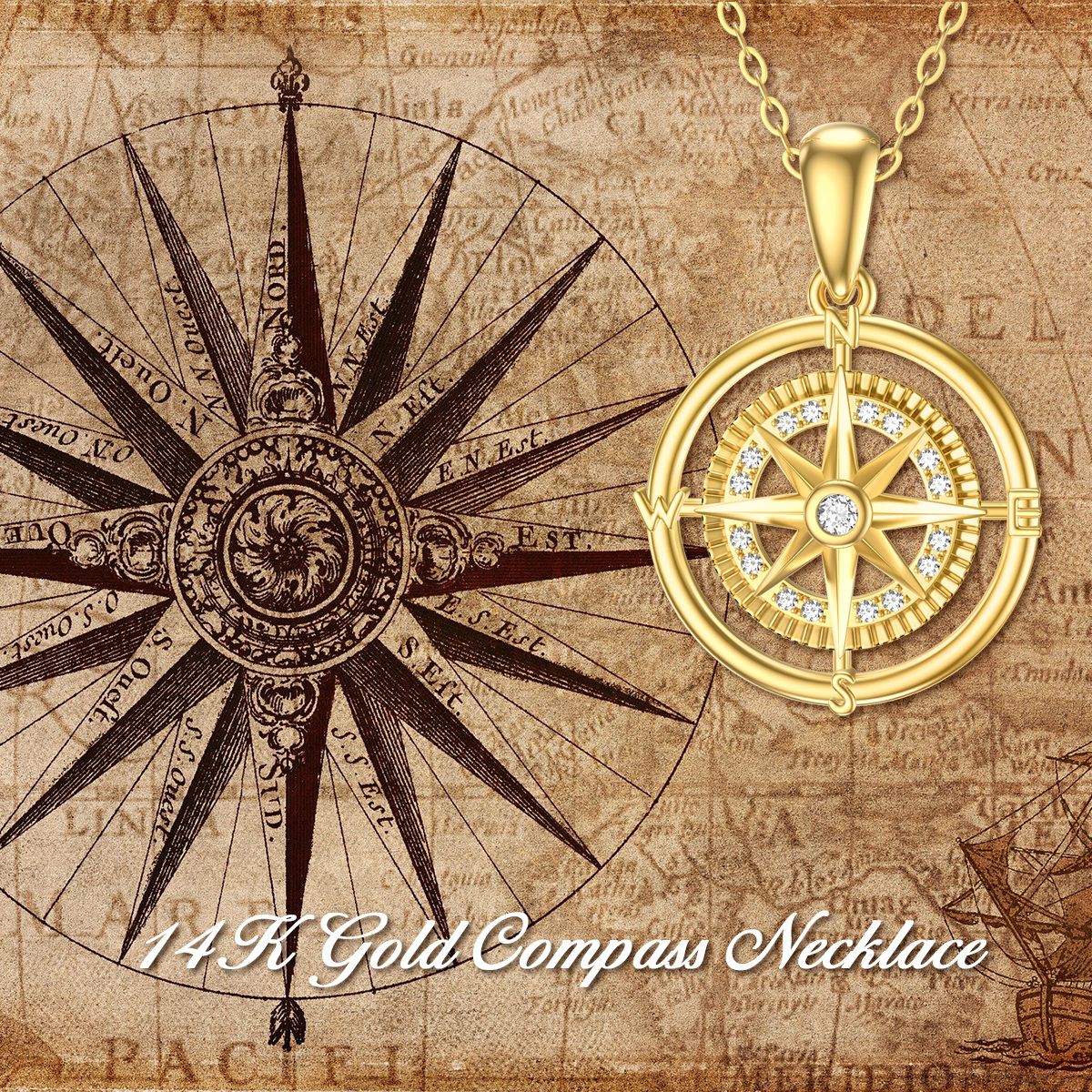 14K Gold Compass Pendant Necklace with 5A Austria Zircon-5