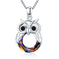 Sterling Silver Owl Cute Animal Crystal jewelry Pendant Necklace