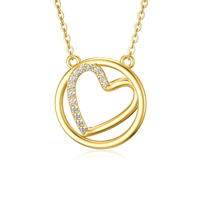 14K Gold Circular Shaped Cubic Zirconia Heart & Round Pendant Necklace-0