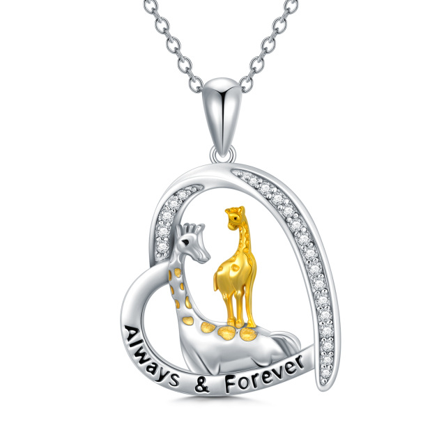 Sterling Silver Circular Shaped Cubic Zirconia Giraffe & Heart Pendant Necklace with Engraved Word-0