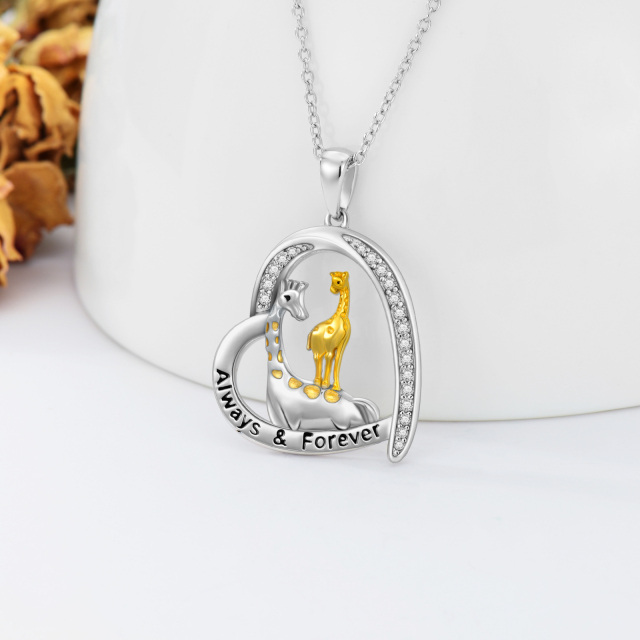 Sterling Silver Circular Shaped Cubic Zirconia Giraffe & Heart Pendant Necklace with Engraved Word-2