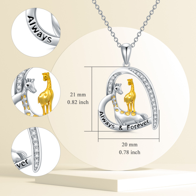 Sterling Silver Circular Shaped Cubic Zirconia Giraffe & Heart Pendant Necklace with Engraved Word-3