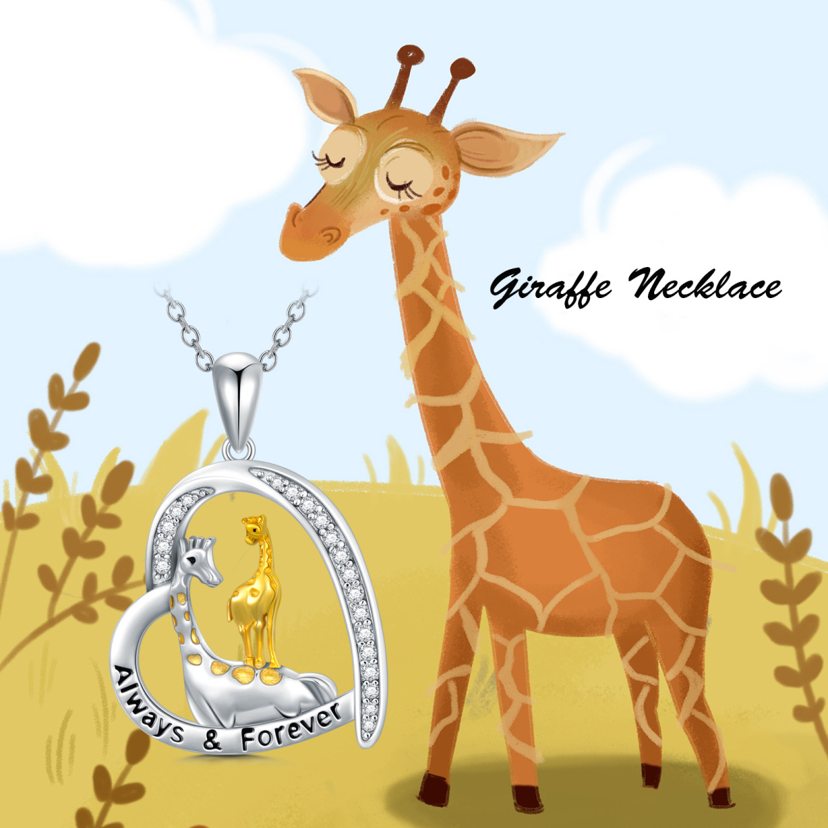 Sterling Silver Circular Shaped Cubic Zirconia Giraffe & Heart Pendant Necklace with Engraved Word-5