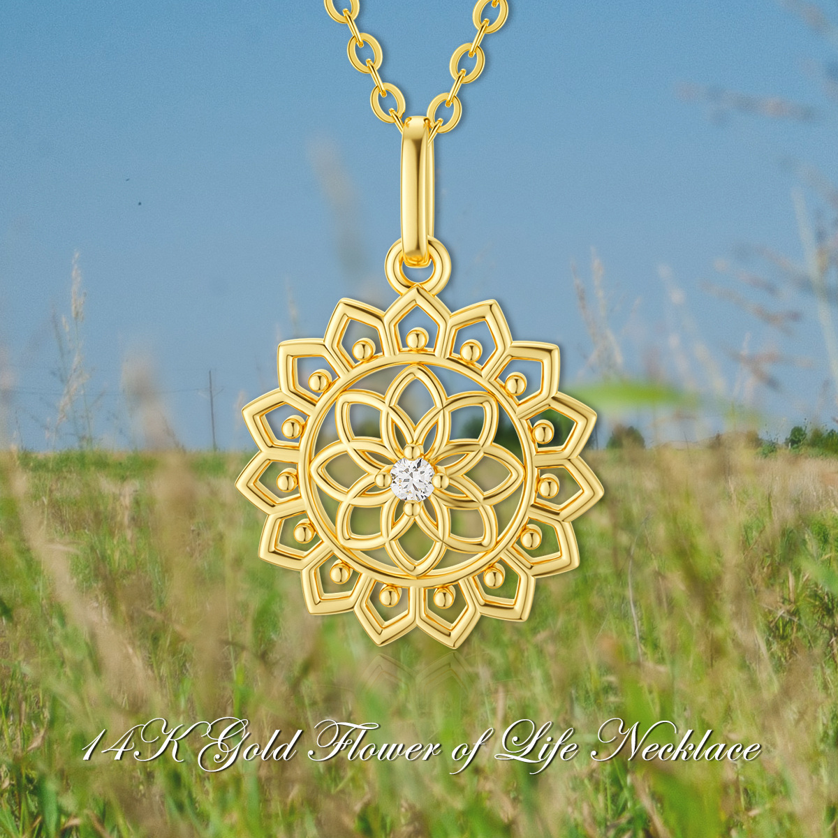 14K Gold Cubic Zirkonia Blume des Lebens Anhänger Halskette-6