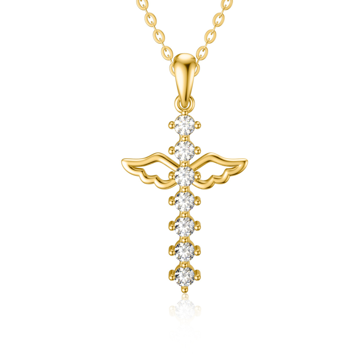Collar de oro de 14 quilates con colgante de cruz y ala de ángel de circonita-1