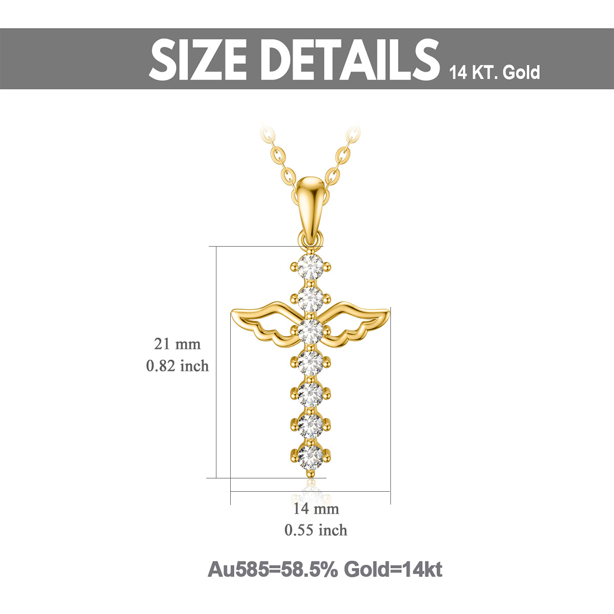 Collar de oro de 14 quilates con colgante de cruz y ala de ángel de circonita-6
