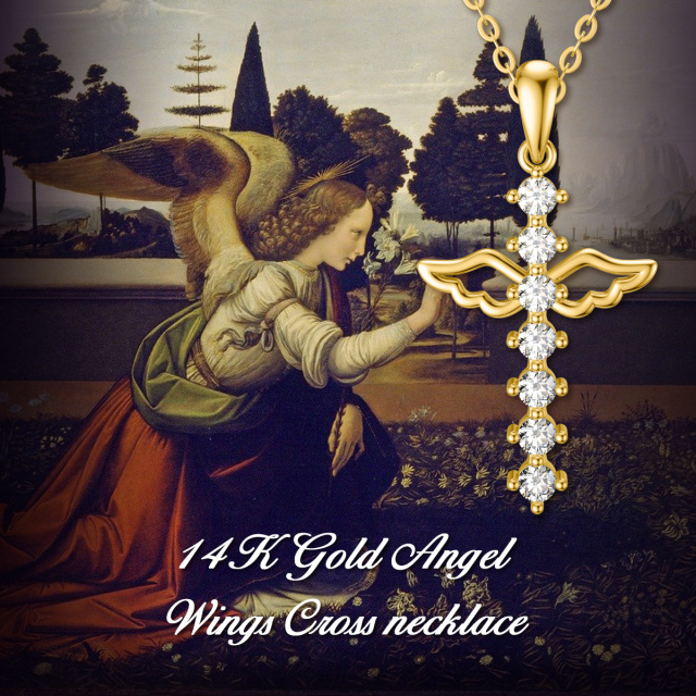 Collar de oro de 14 quilates con colgante de cruz y ala de ángel de circonita-4