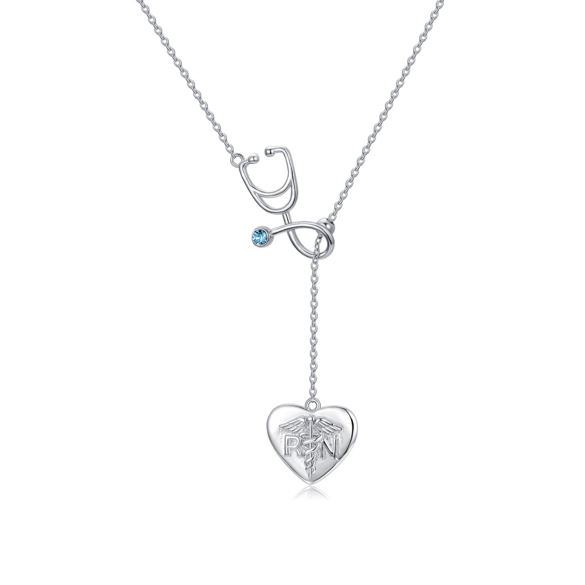 Sterling Silver Circular Shaped Cubic Zirconia Heart & Stethoscope Adjustable Y Necklace-1