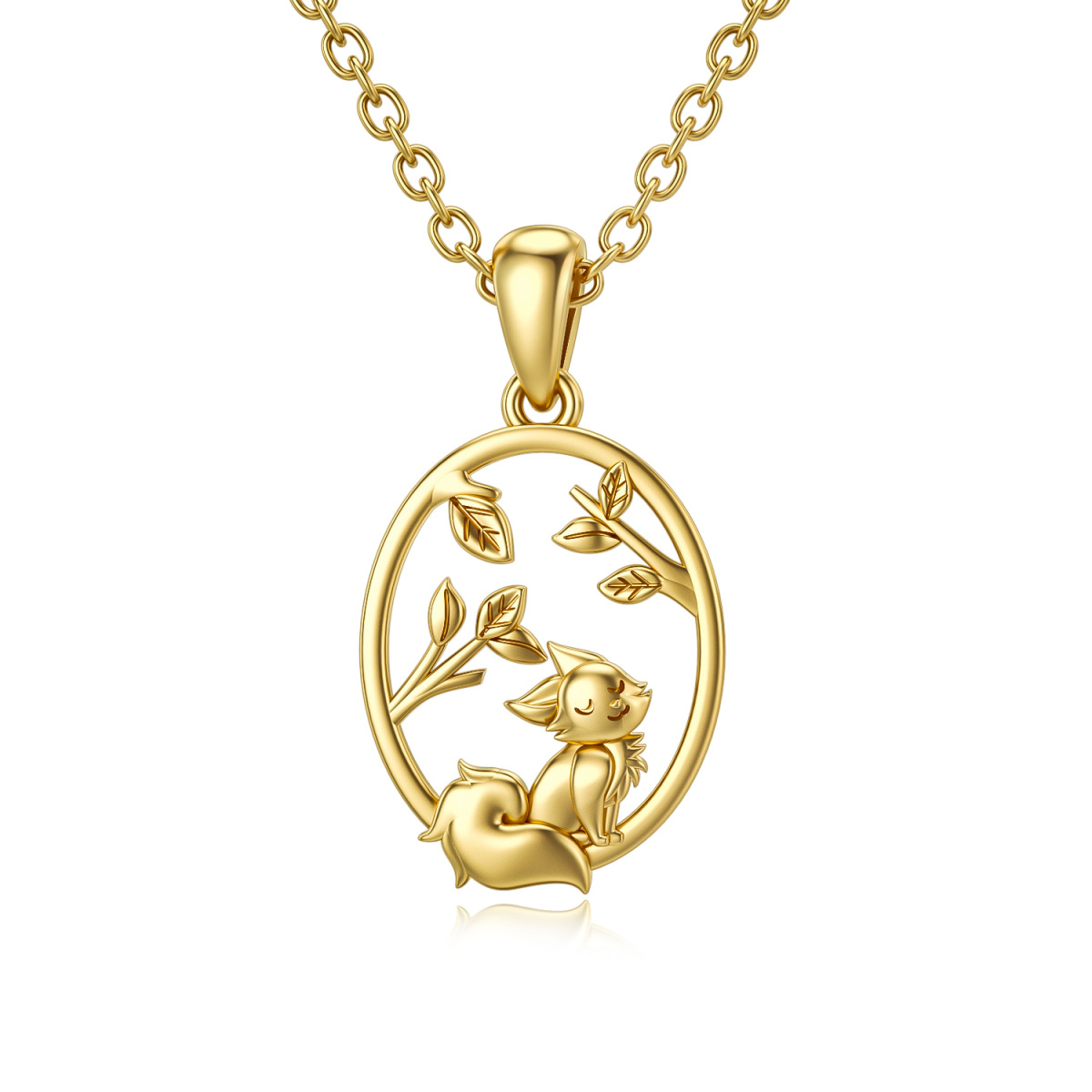 14K Gold Cat & Leaves Pendant Necklace-1