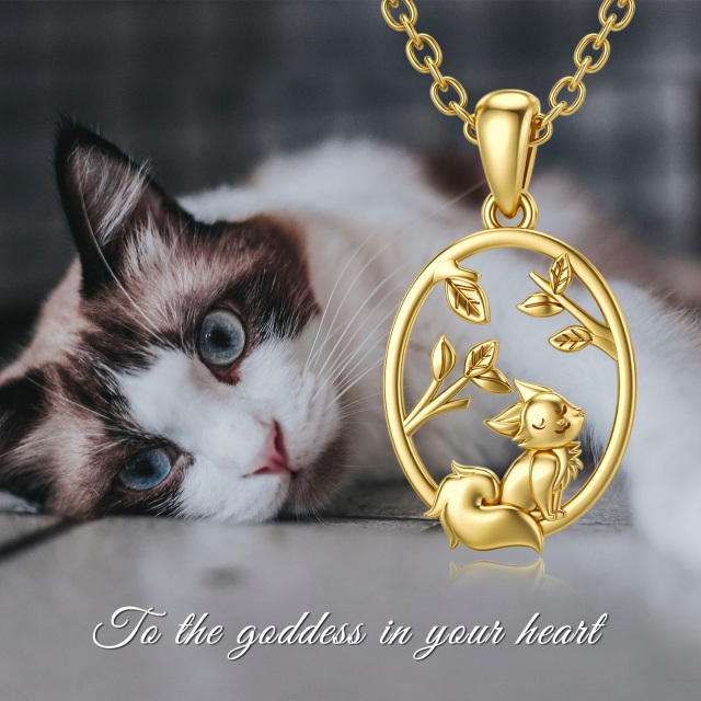 14K Gold Cat & Leaves Pendant Necklace-4