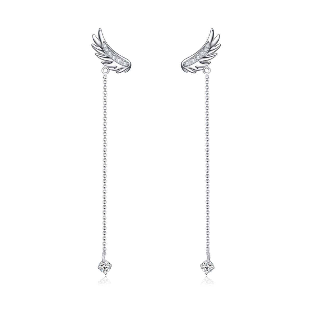 Sterling Silver Circular Shaped Crystal Angel Wing Drop Earrings-1