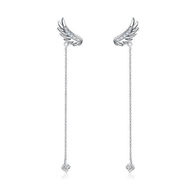 Sterling Silver Circular Shaped Crystal Angel Wing Drop Earrings-1