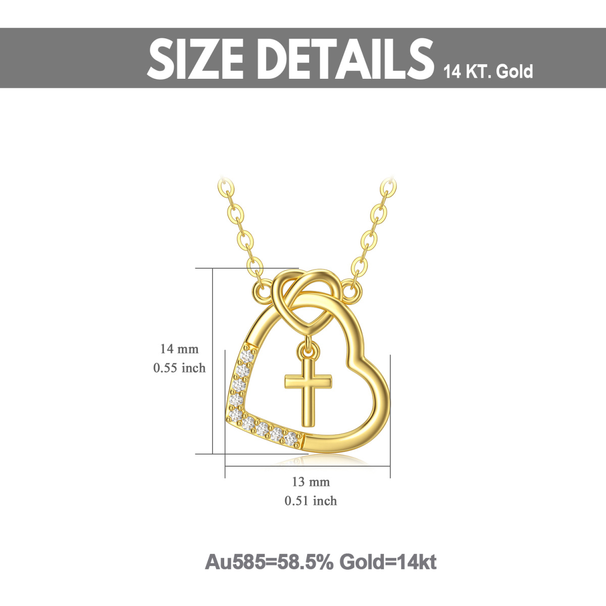 14K Gold Cubic Zirconia Cross & Heart With Heart Pendant Necklace-6