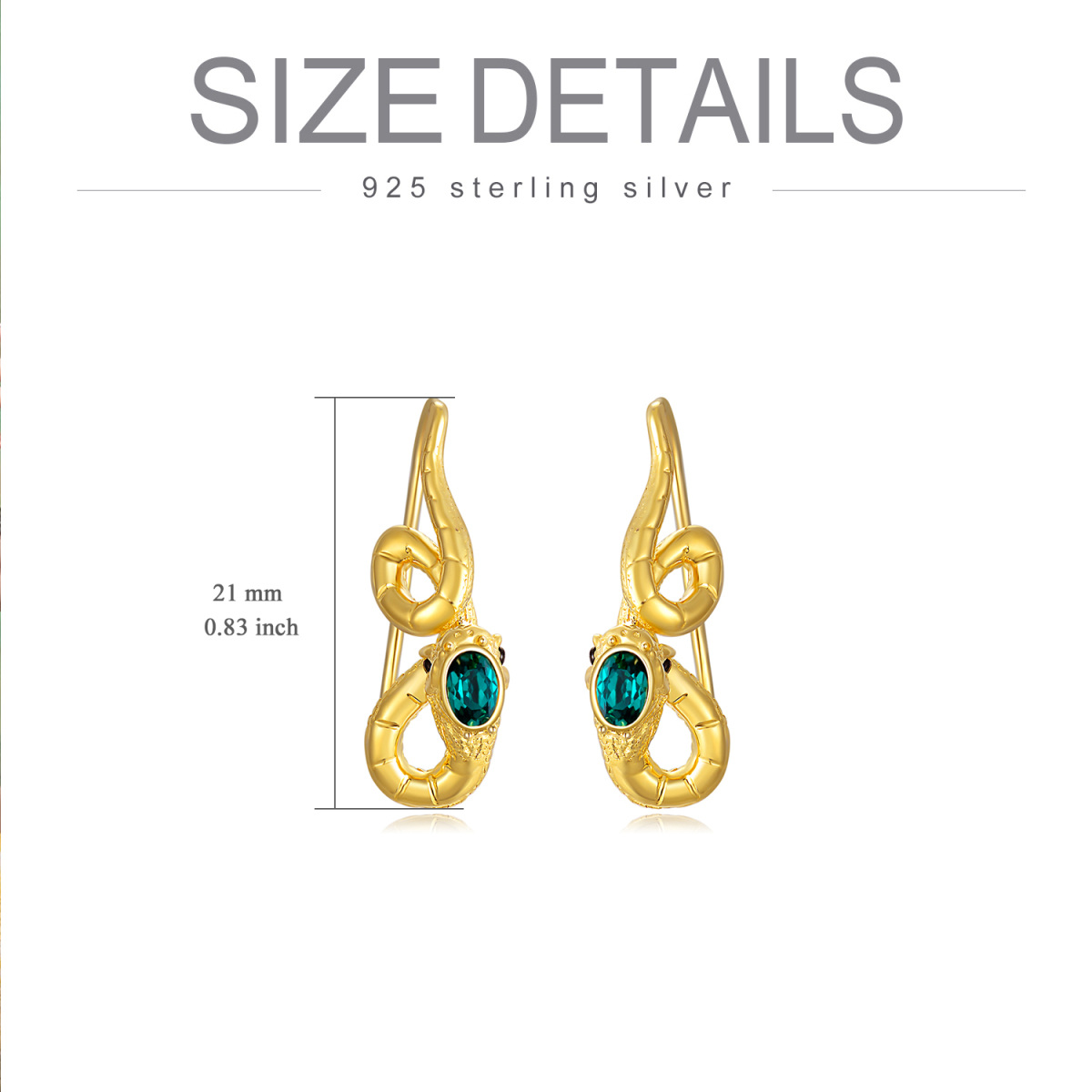 Sterling Silver with Yellow Gold Plated Oval Shaped Crystal Snake Drop Earrings-6