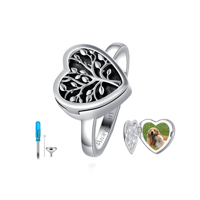 Sterling Silver Tree Of Life & Heart Urn Ring with Engraved Word-0