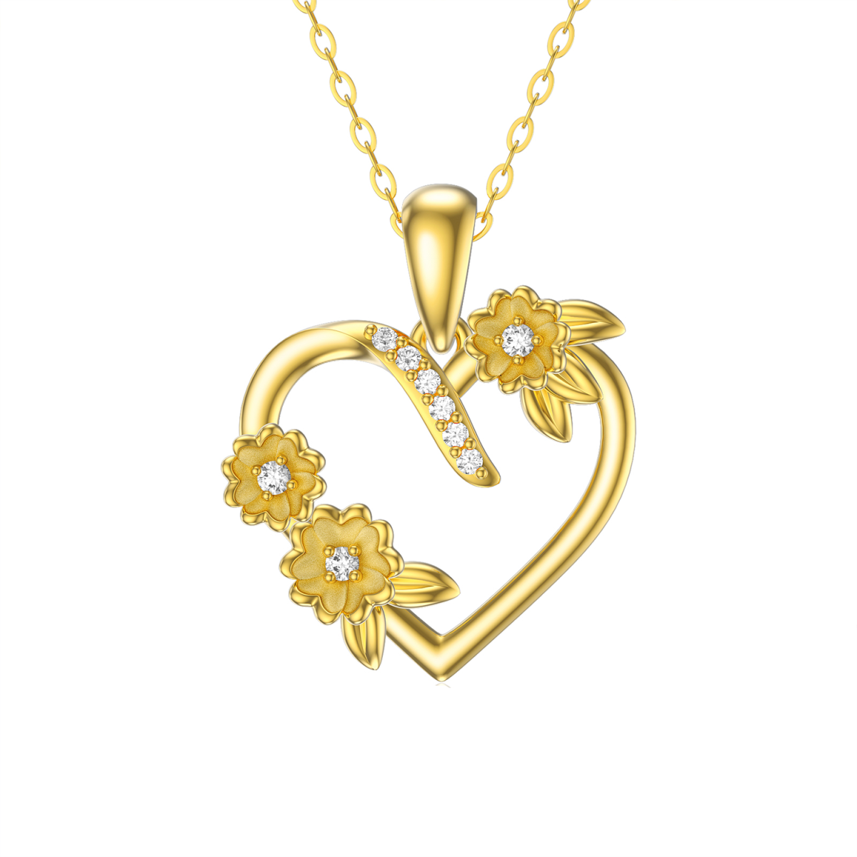 Halskette mit Sonnenblumen-Herzanhänger aus 14 Karat Gold mit Zirkonia-1