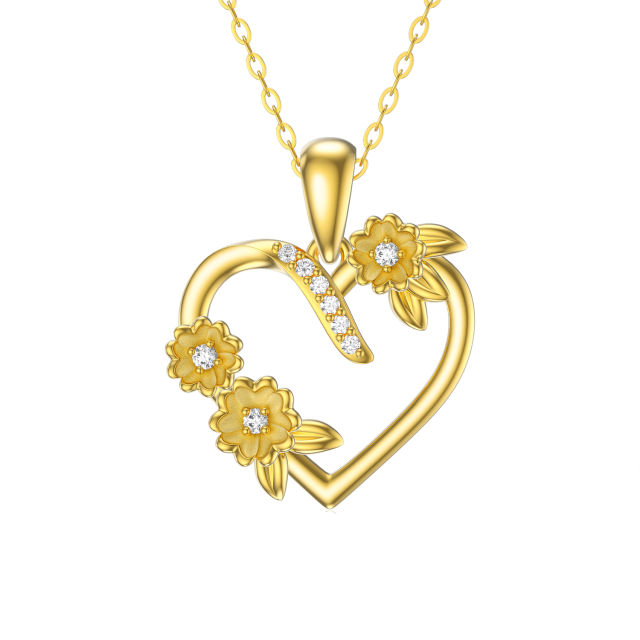 14K Gold Cubic Zirconia Sunflower & Heart Pendant Necklace-0