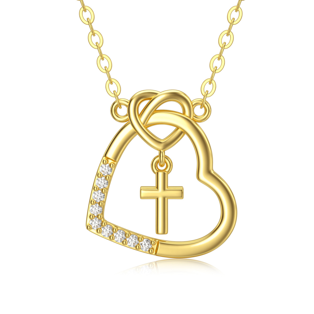 14K Gold Cubic Zirconia Cross & Heart With Heart Pendant Necklace-1