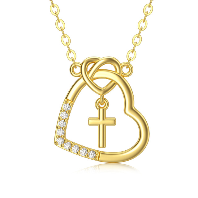 Collier en or 14K avec pendentif croix et coeur en zircon cubique-0