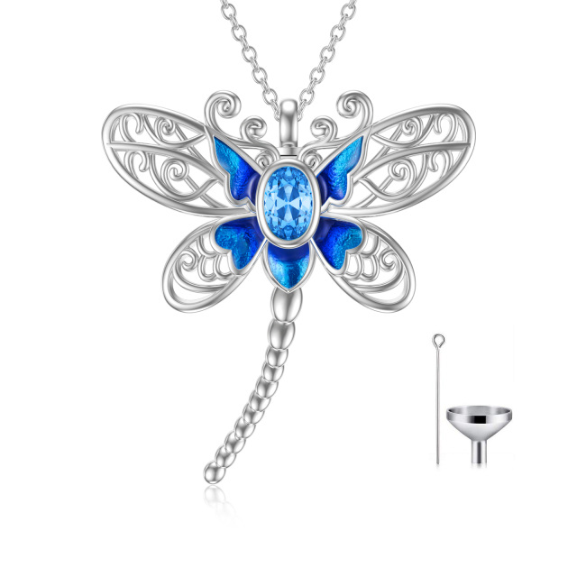 Sterling Silver Oval Shaped Zircon Dragonfly Pendant Necklace-0