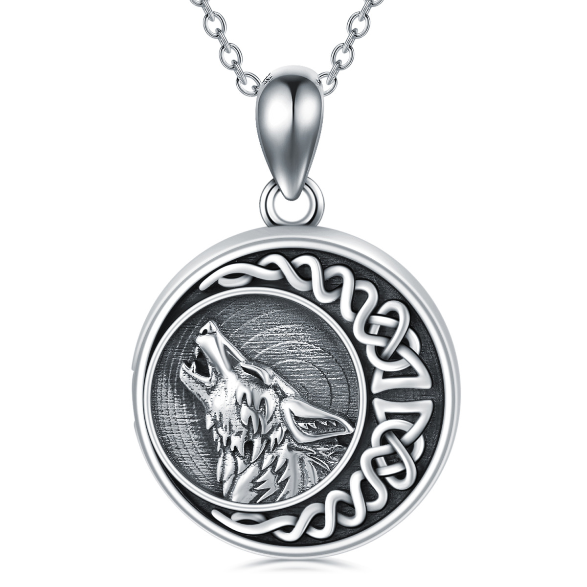 Sterling Silver Wolf & Celtic Knot Moon Personalized Photo Locket Necklace-1