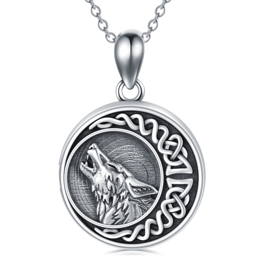 Sterling Silver Wolf & Celtic Knot Moon Personalized Photo Locket Necklace