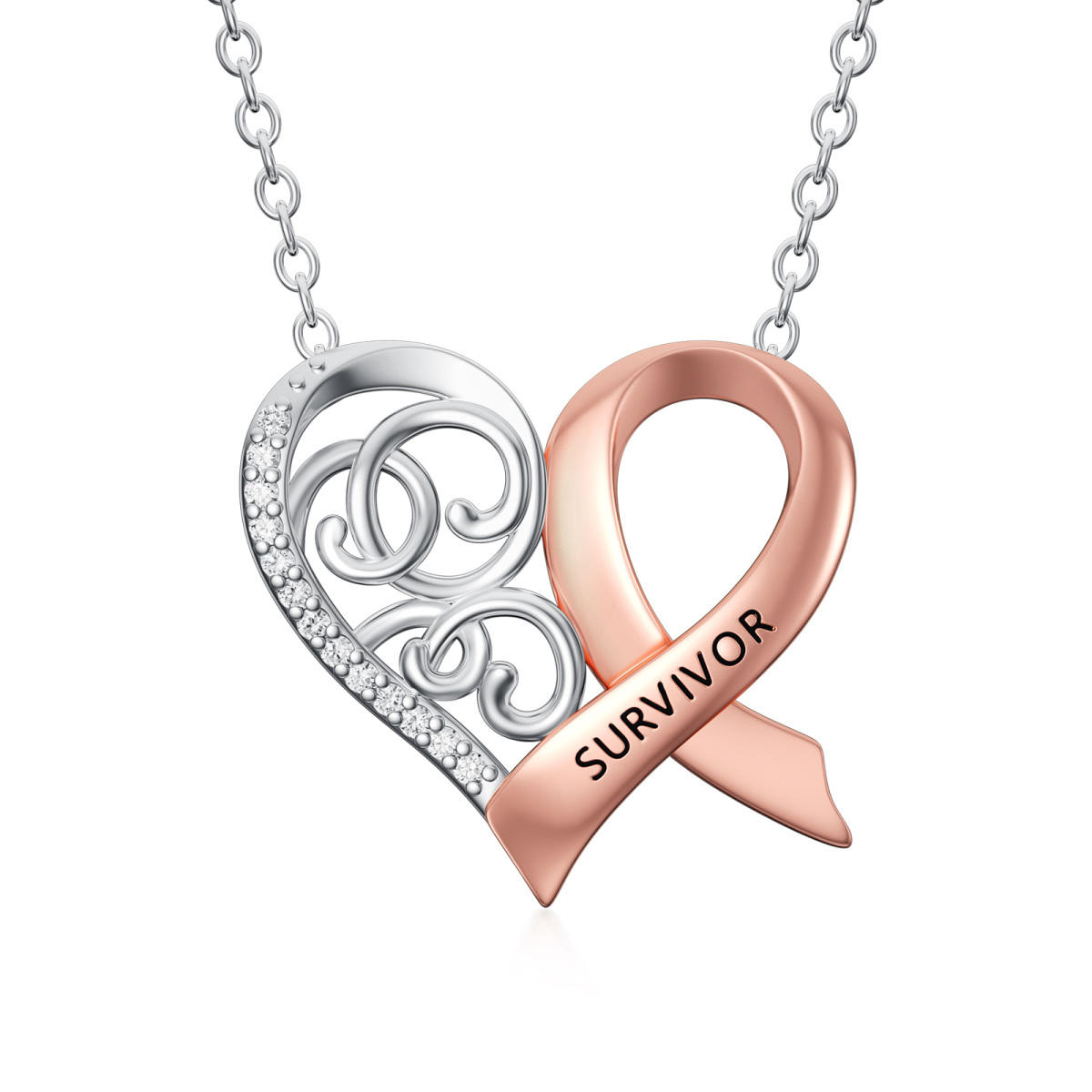 Sterling Silver Two-tone Circular Shaped Cubic Zirconia Heart & Ribbon Pendant Necklace with Engraved Word-1
