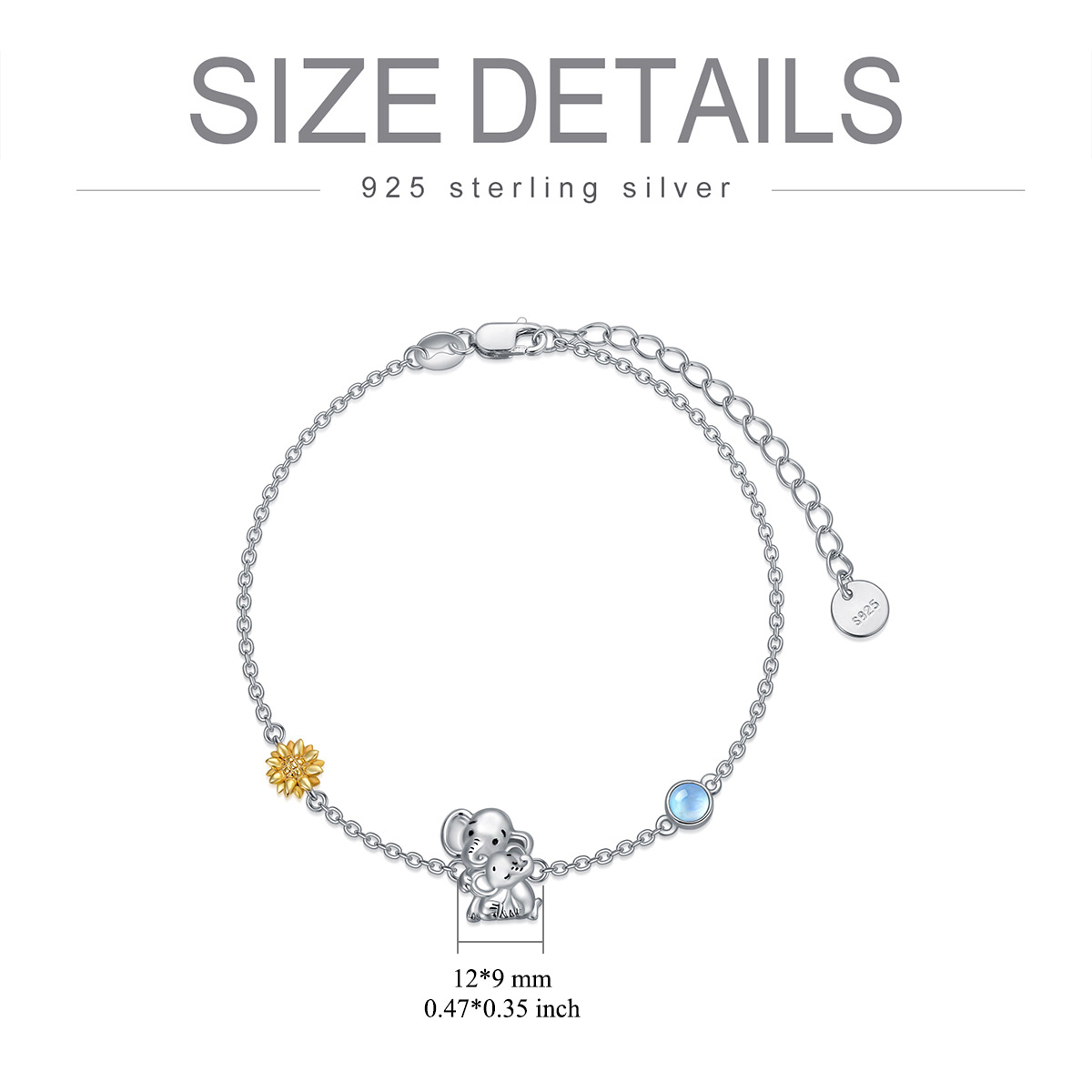 Sterling Silver Two-tone Circular Shaped Moonstone Elephant & Sunflower Pendant Bracelet-5