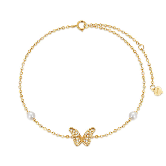 Tobillera de mariposa de oro macizo de 14 quilates para mujer, joyería fina con perlas, pulsera de tobillo, regalos-0