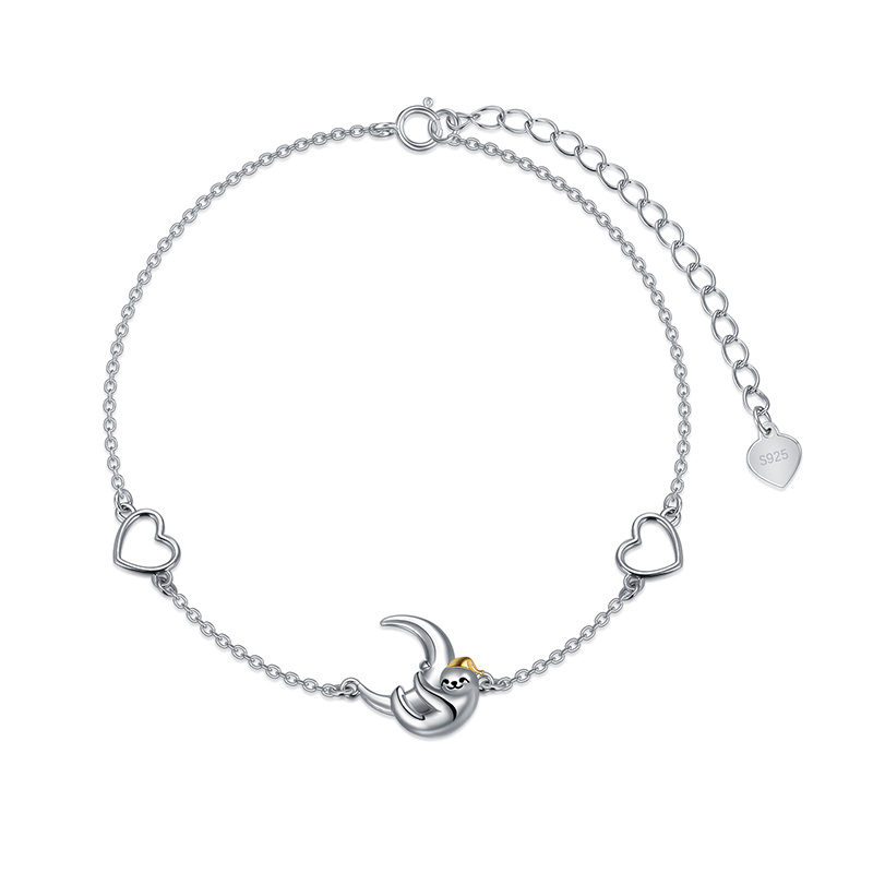 Sterling Silver Two-tone Sloth & Heart & Moon Pendant Bracelet-1