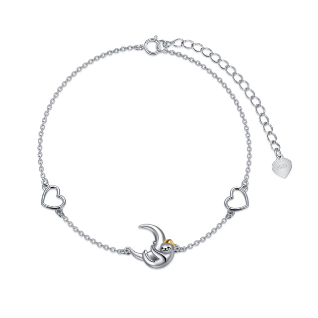 Sterling Silver Two-tone Sloth & Heart & Moon Pendant Bracelet-0