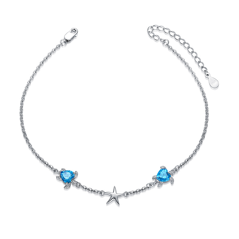 Sterling Silver Heart Shaped Cubic Zirconia Sea Turtle & Starfish Single Layer Anklet-1
