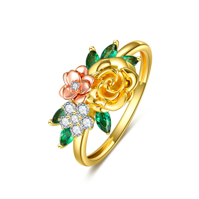 10K Goldring mit Pfirsichblüten-Rosen und Zirkonia-0