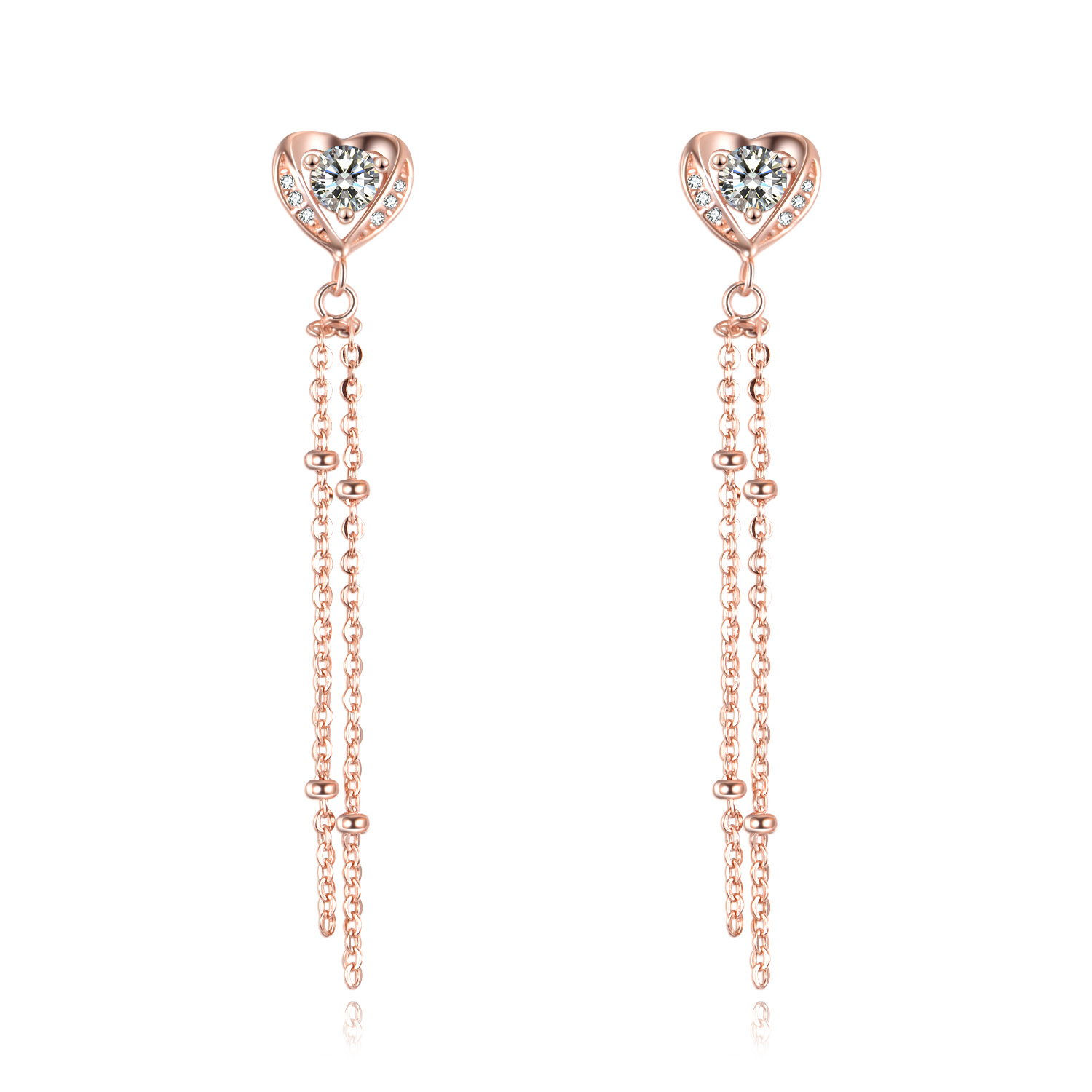 Sterling Silver with Rose Gold Plated Crystal Heart Drop Earrings